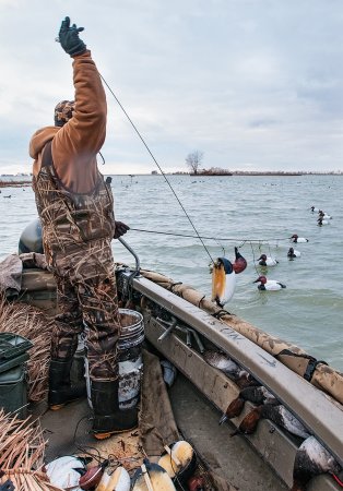 waterfowl hunter setting out a decoy spread