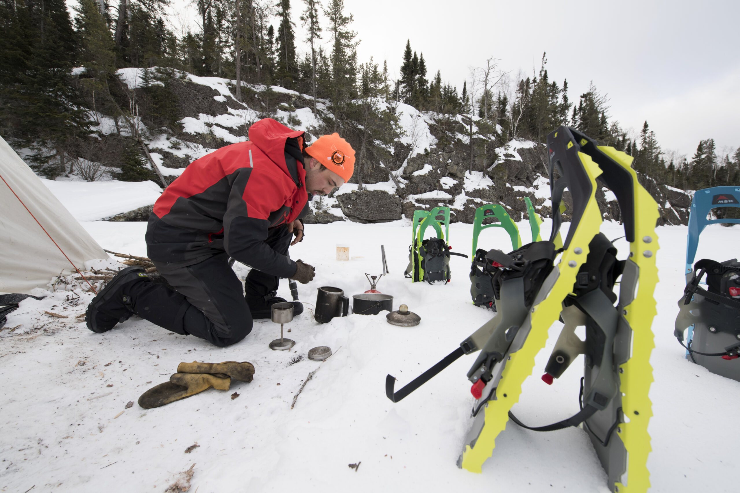 snow camping with snow shoes