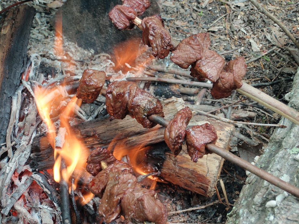 roasting skewer over flames