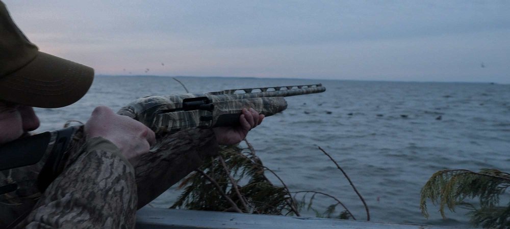 hunter aiming shotgun at sea ducks