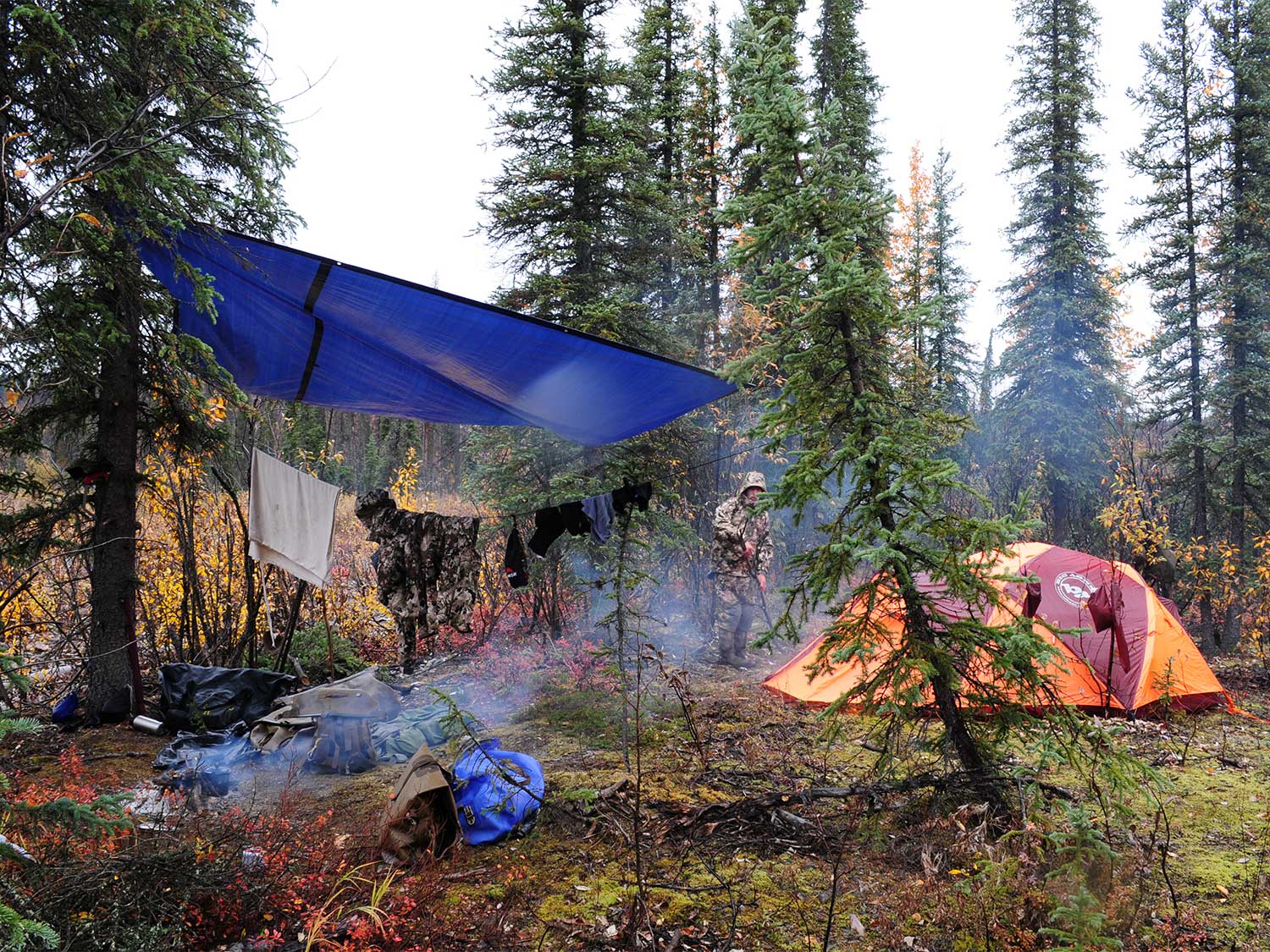 a backcountry hunting camp with a tarp over the kitchen