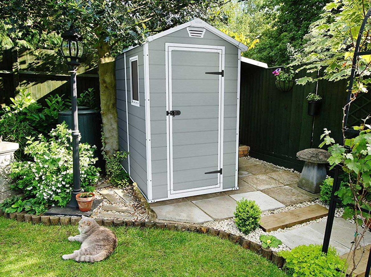 Storage shed in backyard.