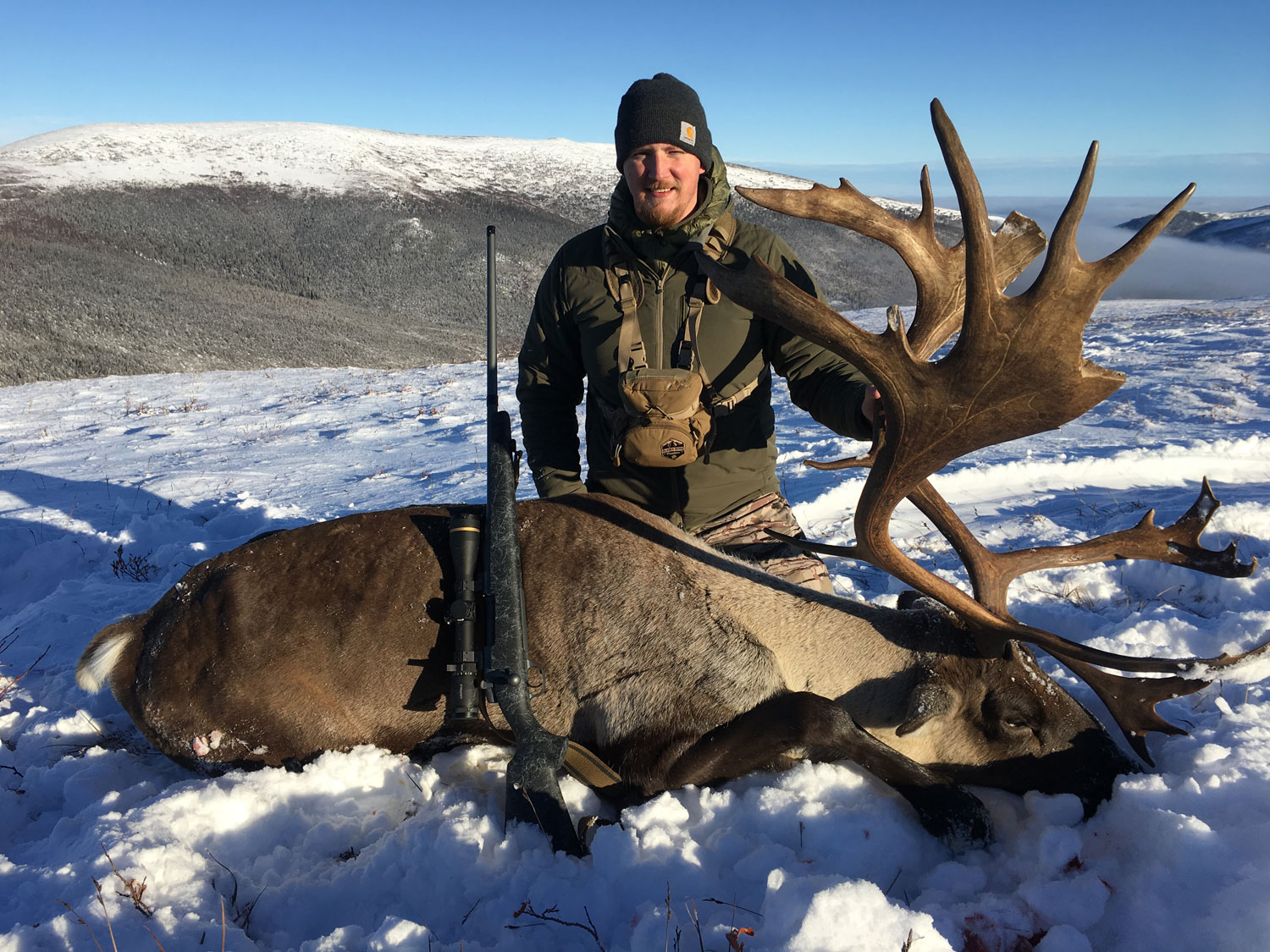 Tyler Freel kneeling behind caribou in snow.