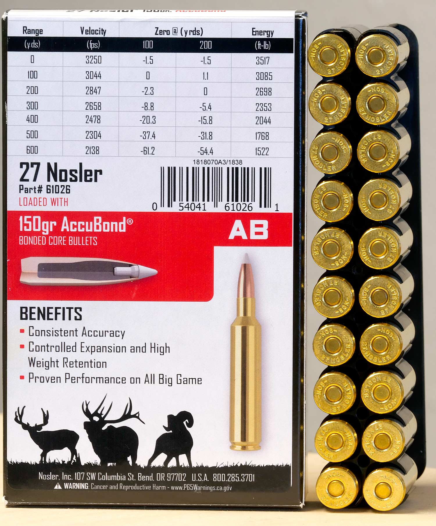 A box of 27 Nosler accubond ammo.