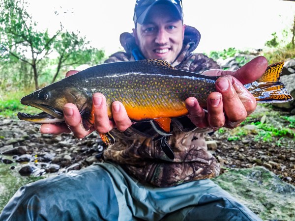 A white male in camo and blue jeans holds up a large brook trout in two hands.