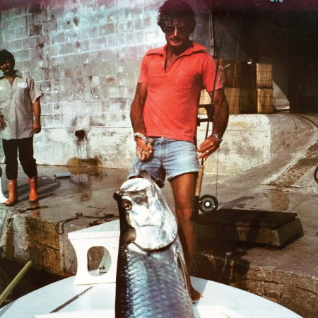 A man standing next to a large tarpon.