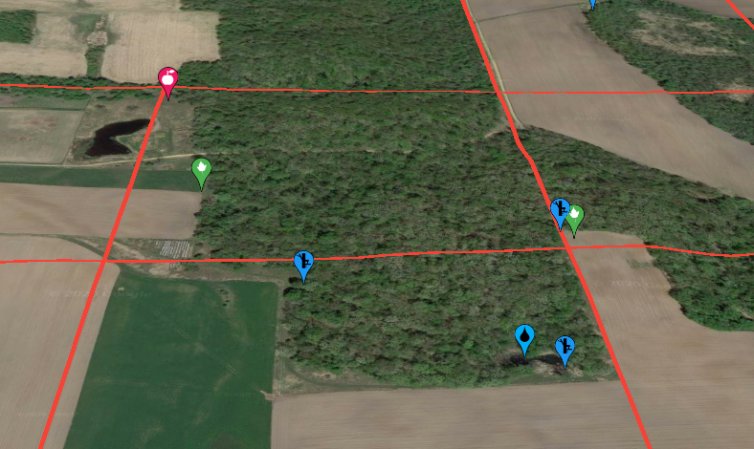 Satellite image of agricultural fields and timber with waypoints and red property line grids.