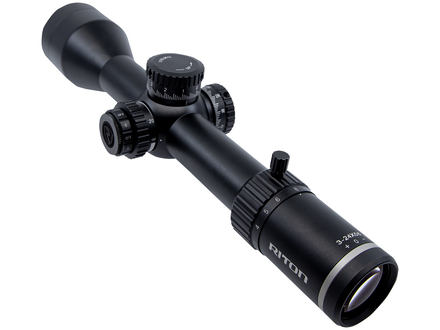 Riton X7 Conquer 3-24x56 riflescope on a white background.