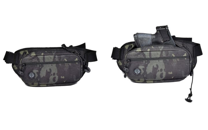  A camoflauge waist pack on a white background.