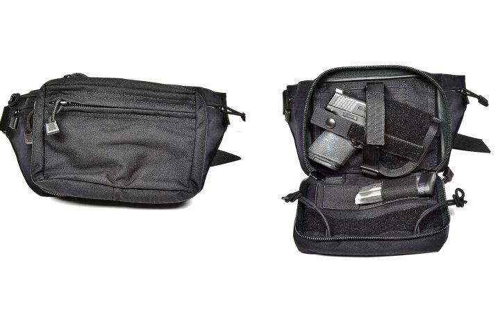  A black waist pack on a white background.