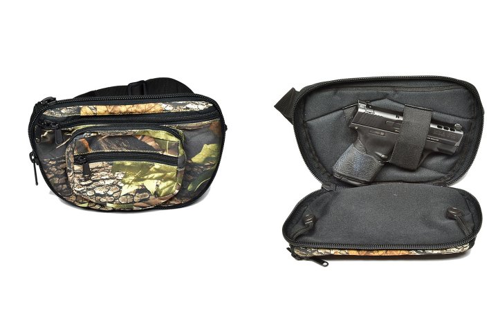  A camoflauge waist pack on a white background.