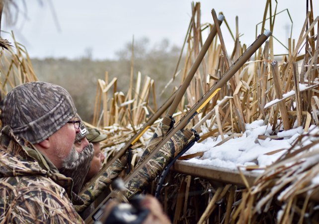 Eddie Nickens, Matt Coffey, and Gregg Powers with the Browning Wicked Wing A5s at the ready in an Eastern Washington duck blind.