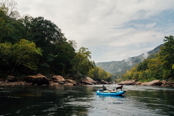 A rafter and his black Lab on the New River in West Virginia.