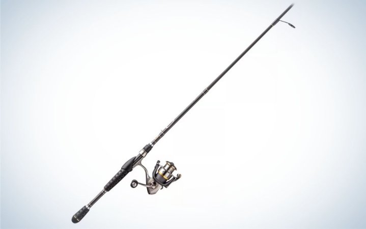  Black two spinning rod and reel combo on aluminum body and side cover