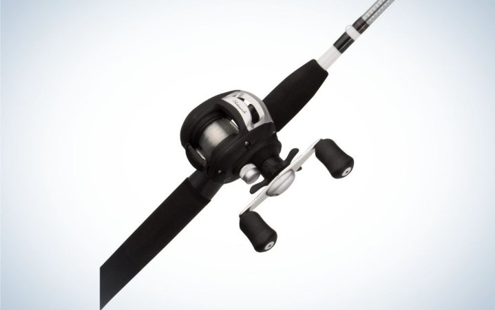  A spinning reel in black and solid white color.