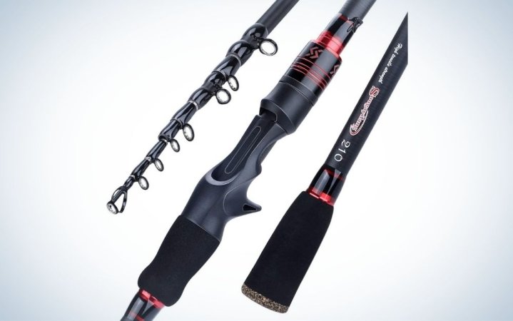  A trolling fishing rod being pictured more closer in details with three different shape sticks but the same color black and red.