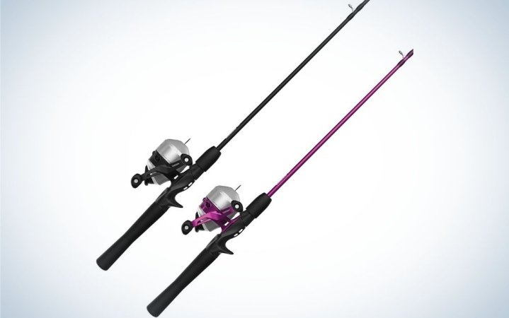  Two baits for fishing, one black all over and the other black sticker with purple fishing reel.