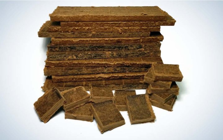  A stack of brown, rectangle fire starters