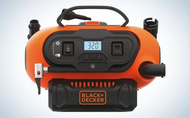 Orange and black, cordless tire inflator