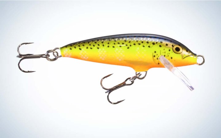  A yellow and orange Rapala Original Floating Minnow lure