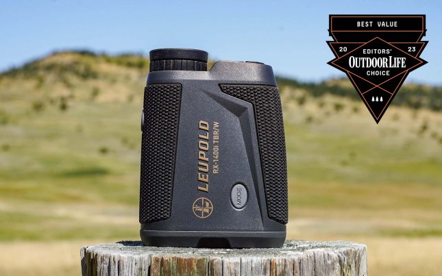 The Leupold RX-1400I TBR/W Gen2 Rangefinder sits on a post.