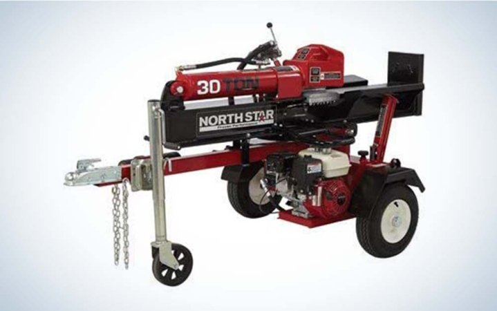  A red log splitter on three wheels