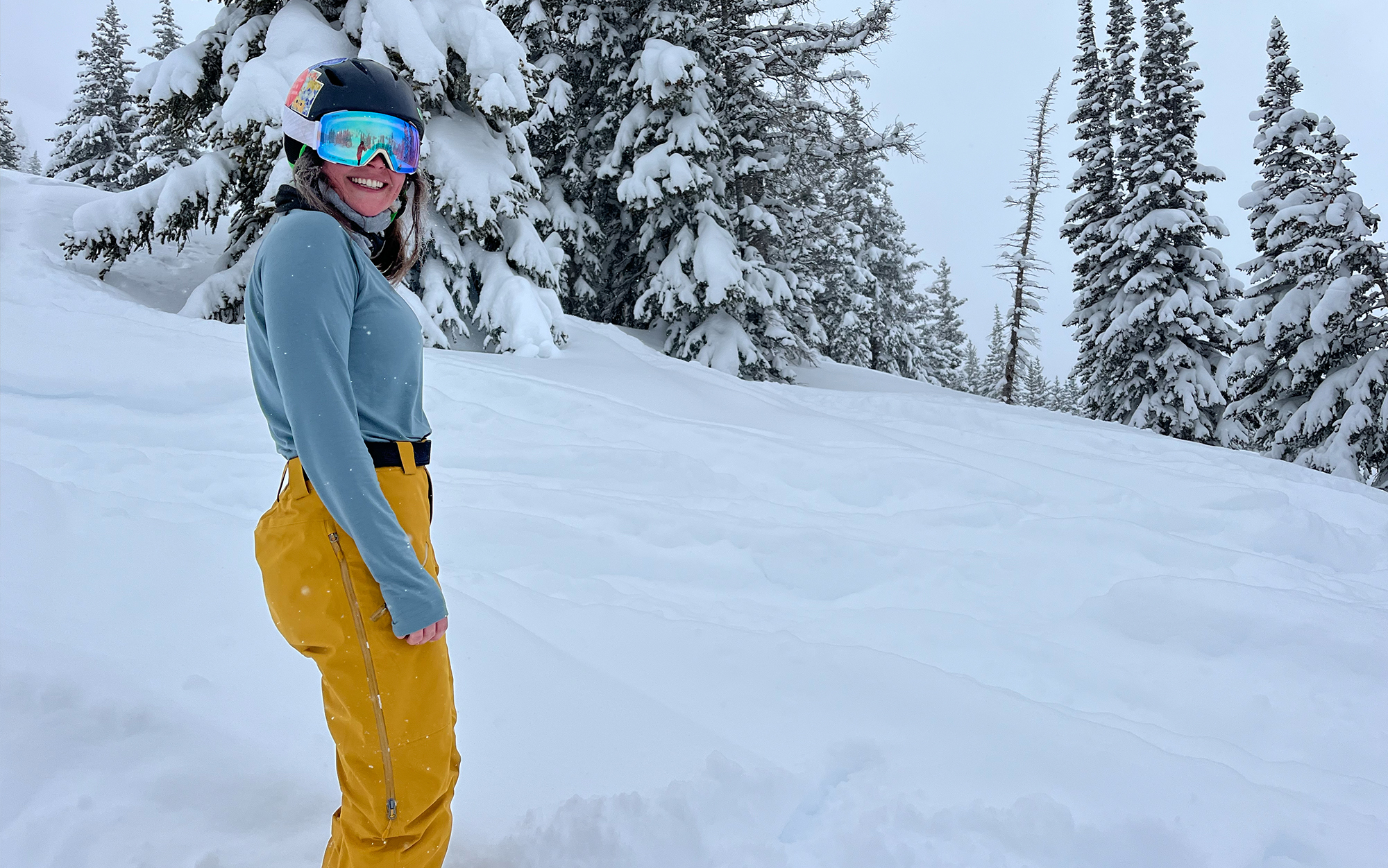 The bright yellow hue of these pants made them easy to spot in white-out conditions.