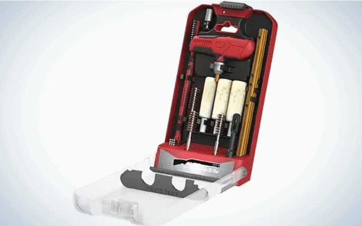  A red and silver box containing gun cleaning kits