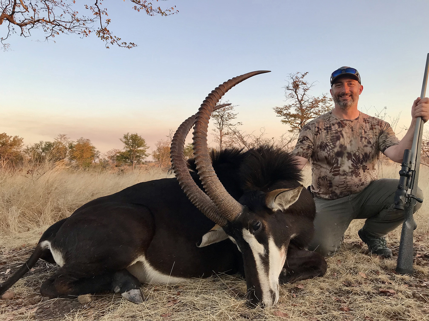 The author shows his dagga boy from a Zimbabwe hunt.