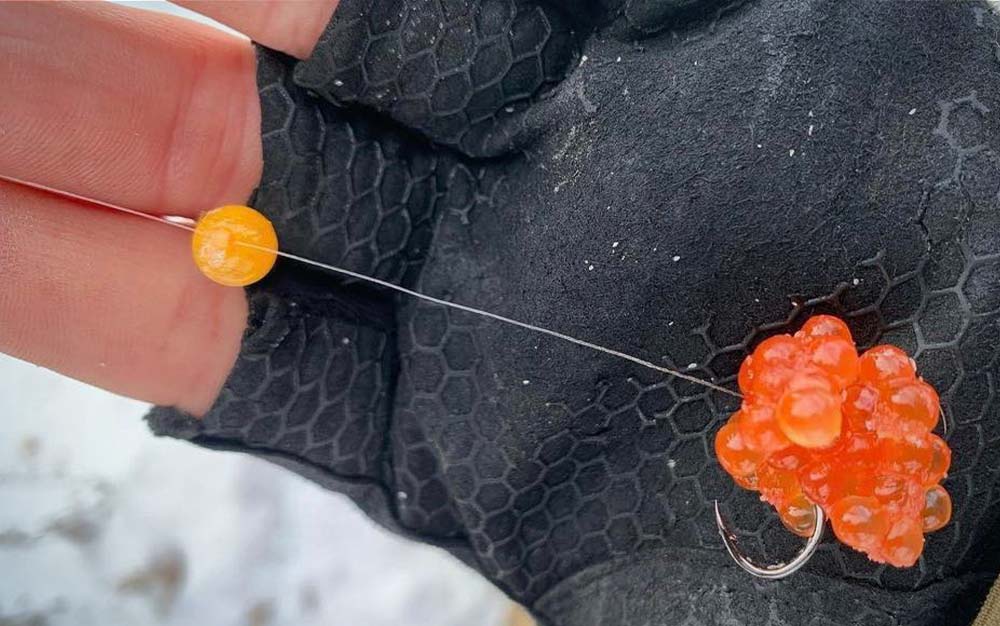 A collection of trout beads on a fishing hook