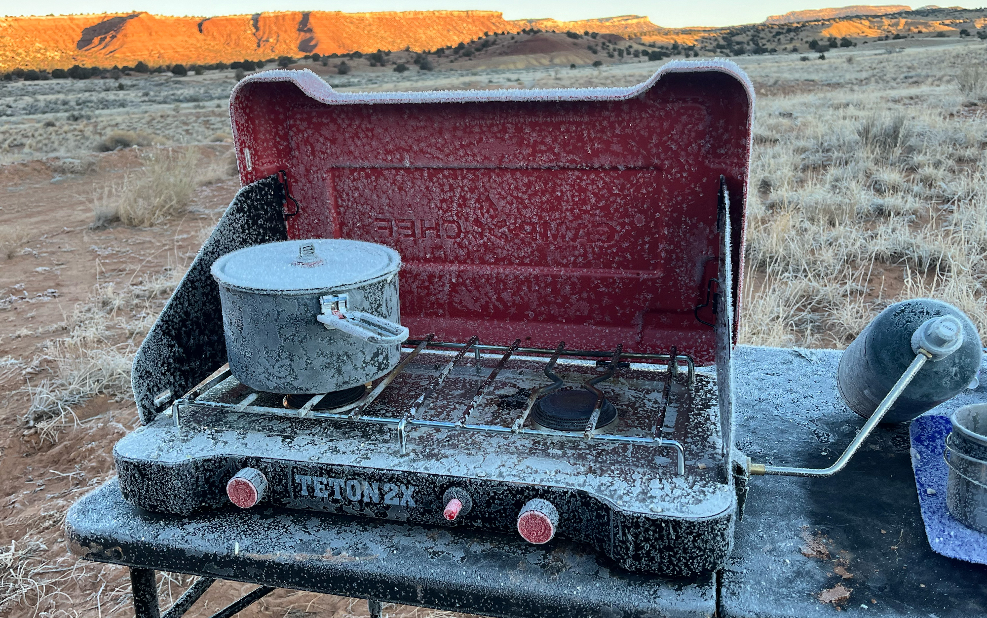 Overnight frost covers Teton 2X camp stove.