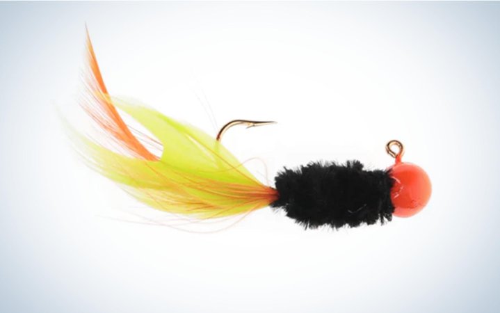  A product image of an orange jig head with a black chenille body and yellow and orange hair and feathers.