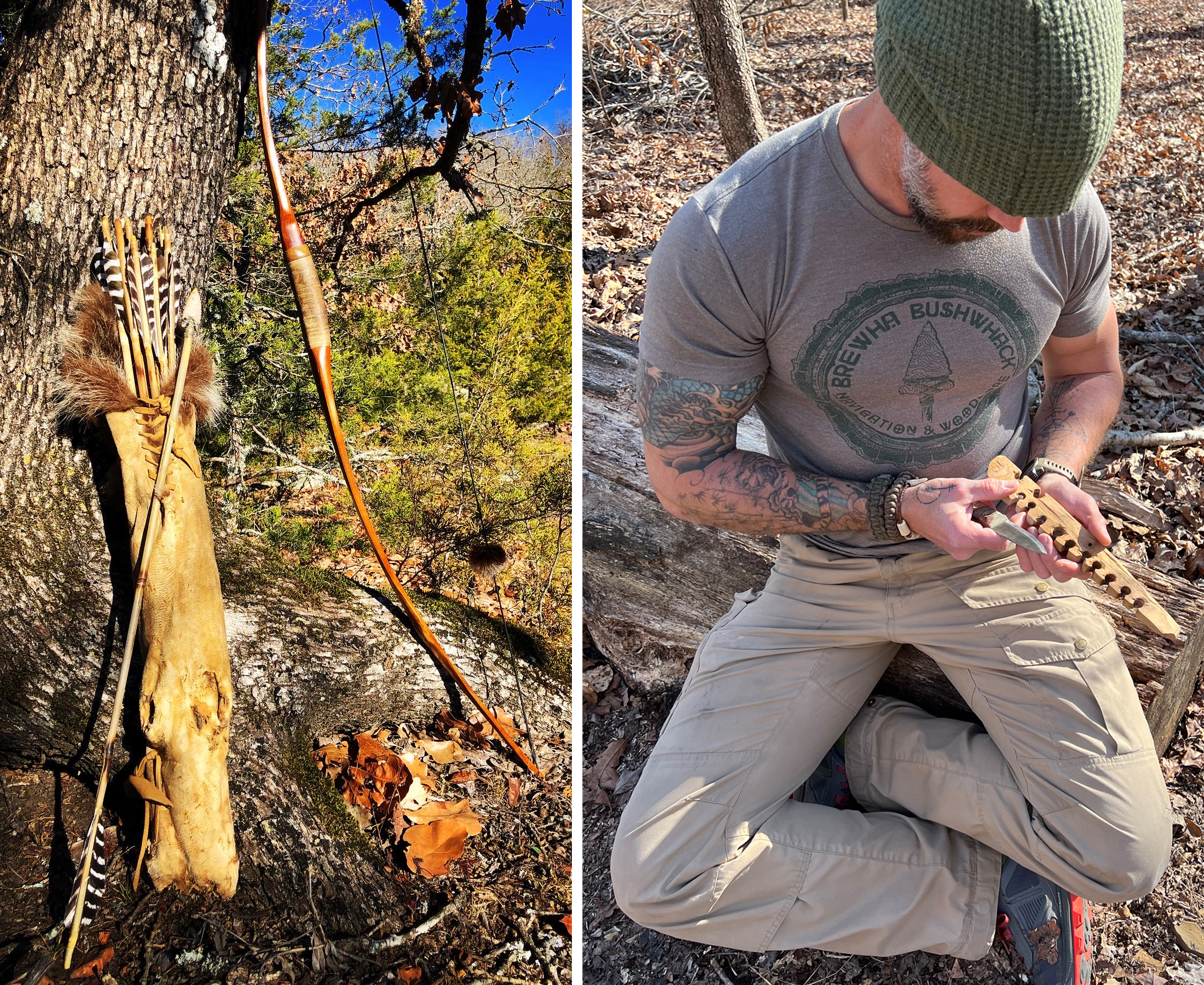 A traditional bow and arrow, a bowdrill piece.