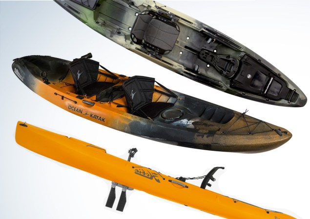 Two men seating and cruising on motorized fishing kayak upstream