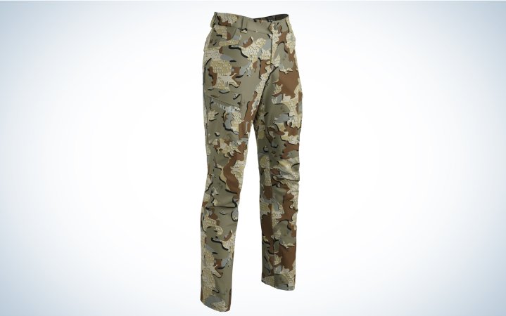  KUIU's women's attack hunting pants are shown in the Valo camouflage pattern.