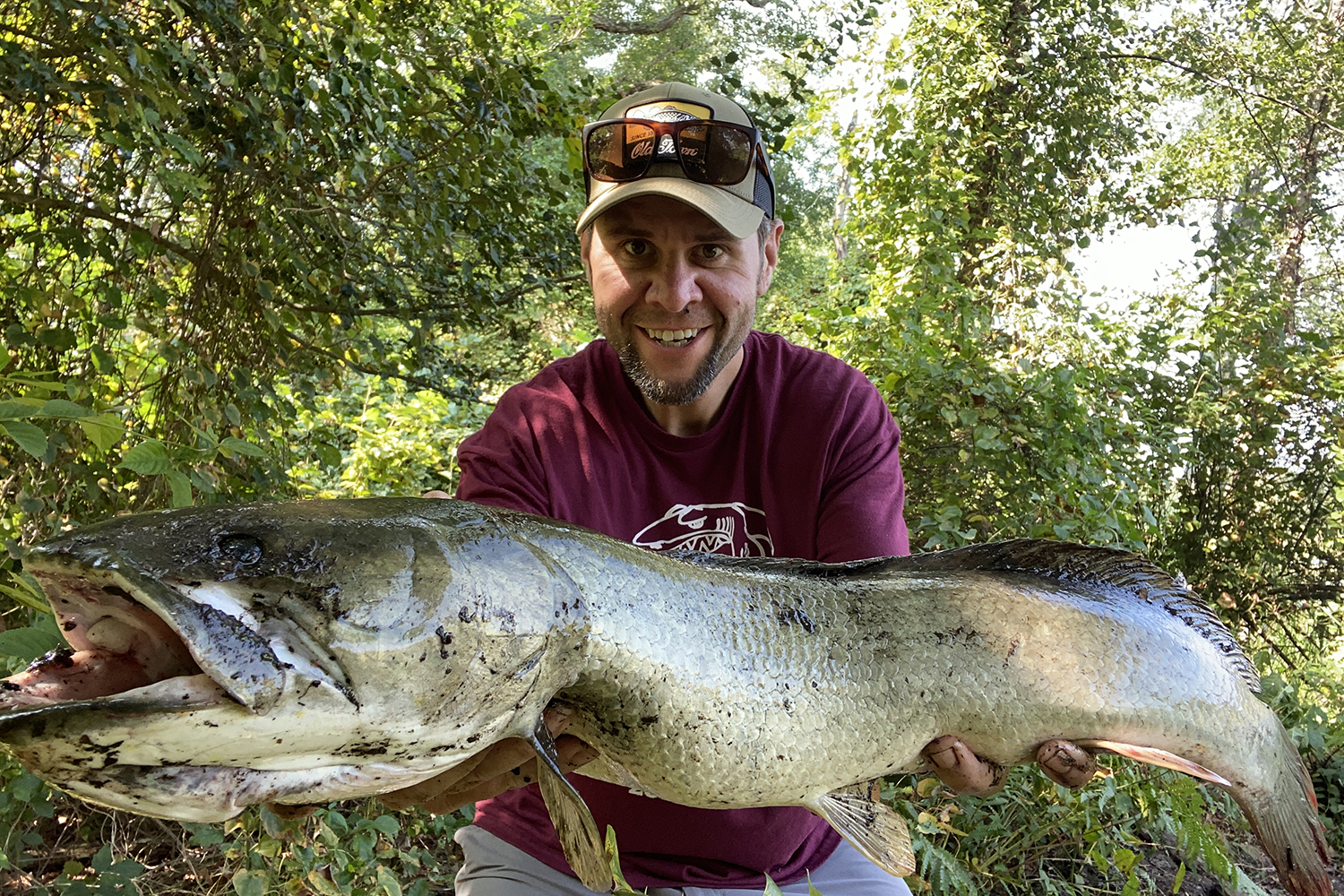 joe cermele holds large bowfin