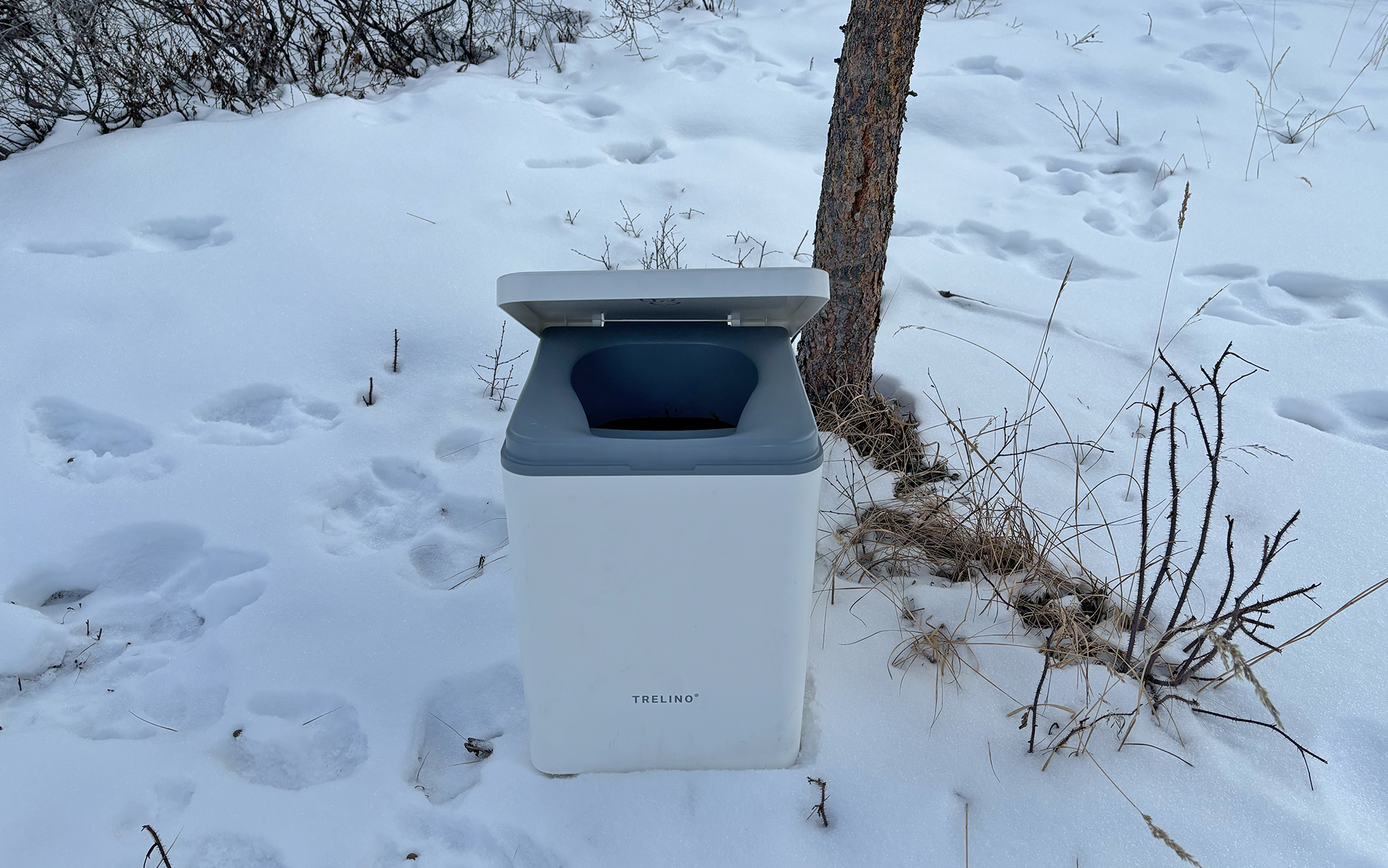 The Trelino composting toilet sits in the snow.