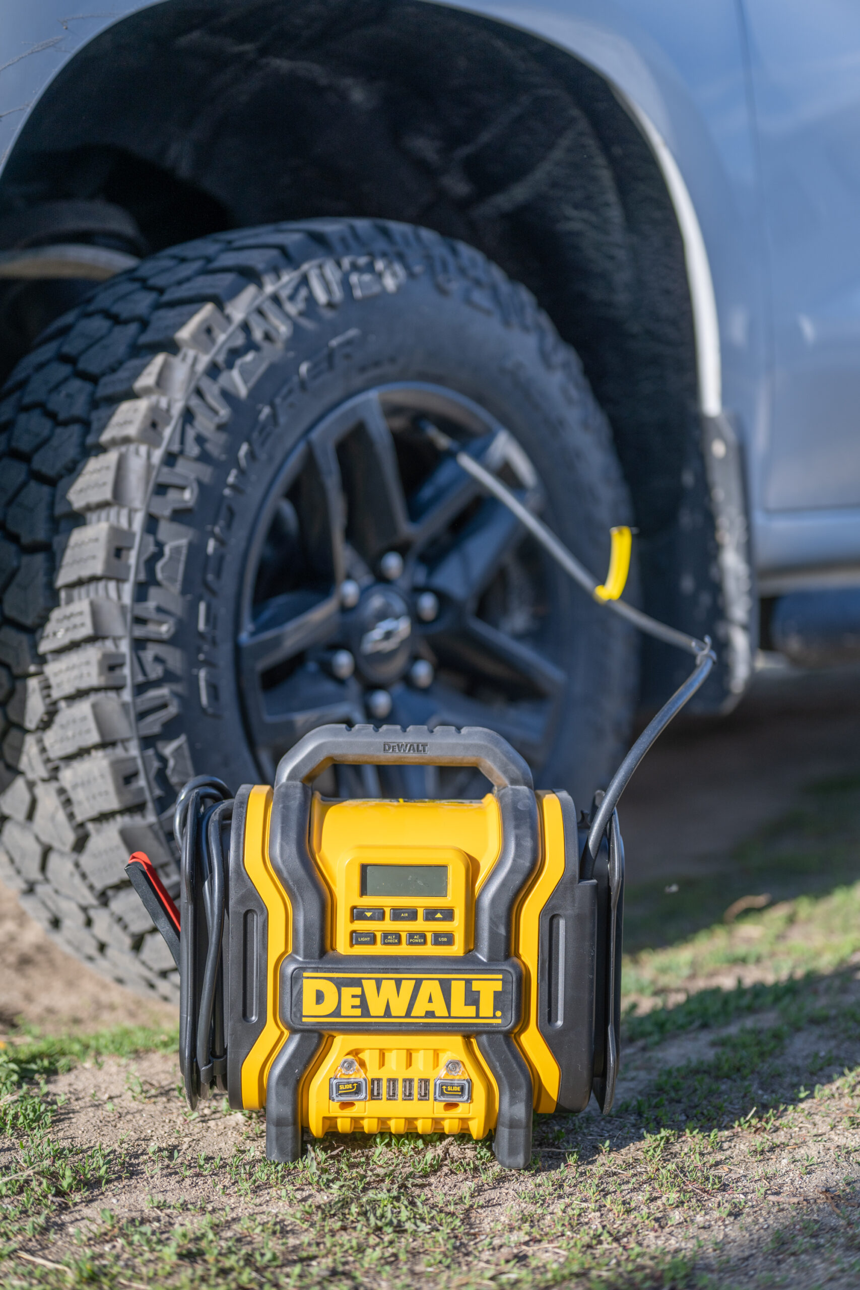 The DeWalt portable jump starter also includes an air compressor.