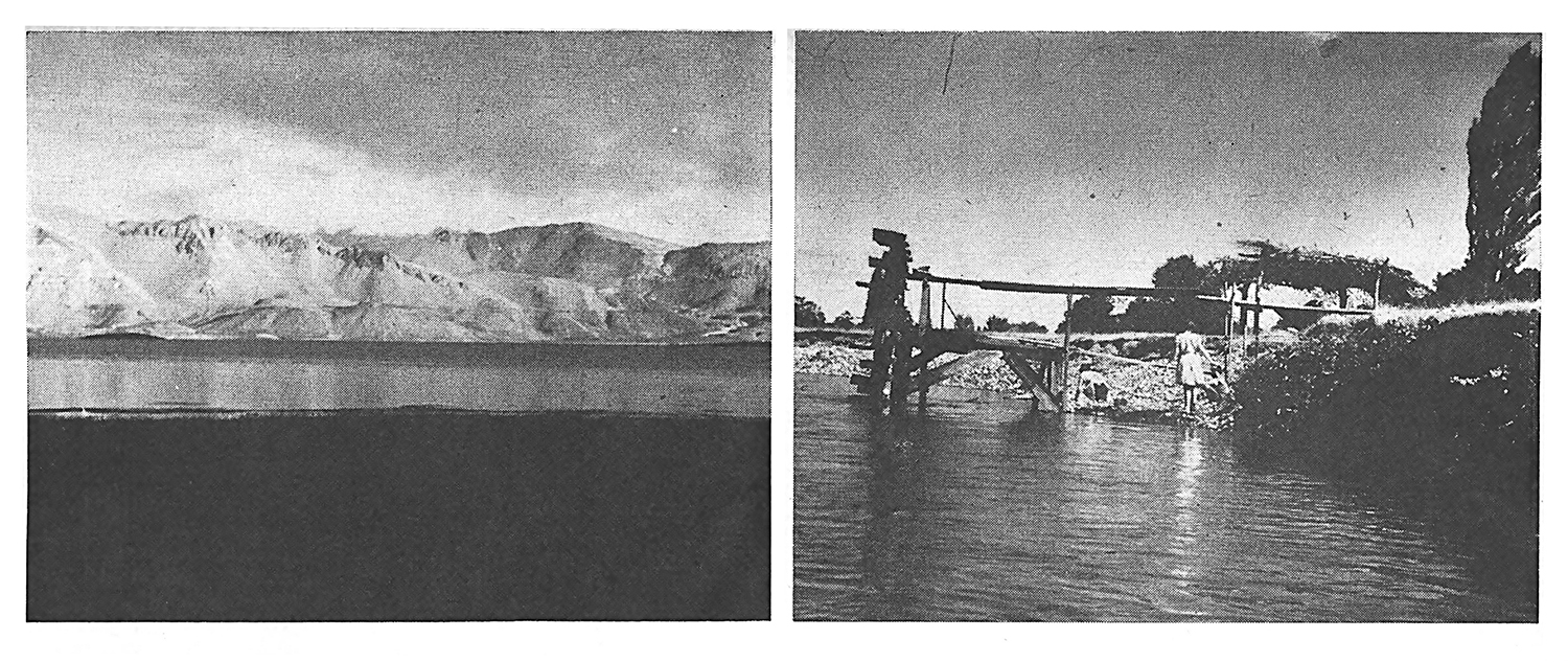 lake with mountains behind it; water wheel with woman walking near it