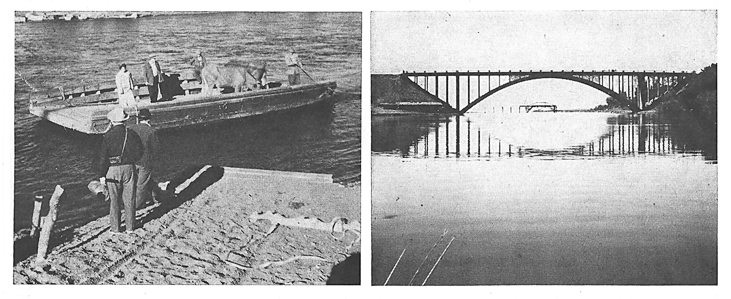 people waiting for boat that's carrying cattle and people; bridge over calm river