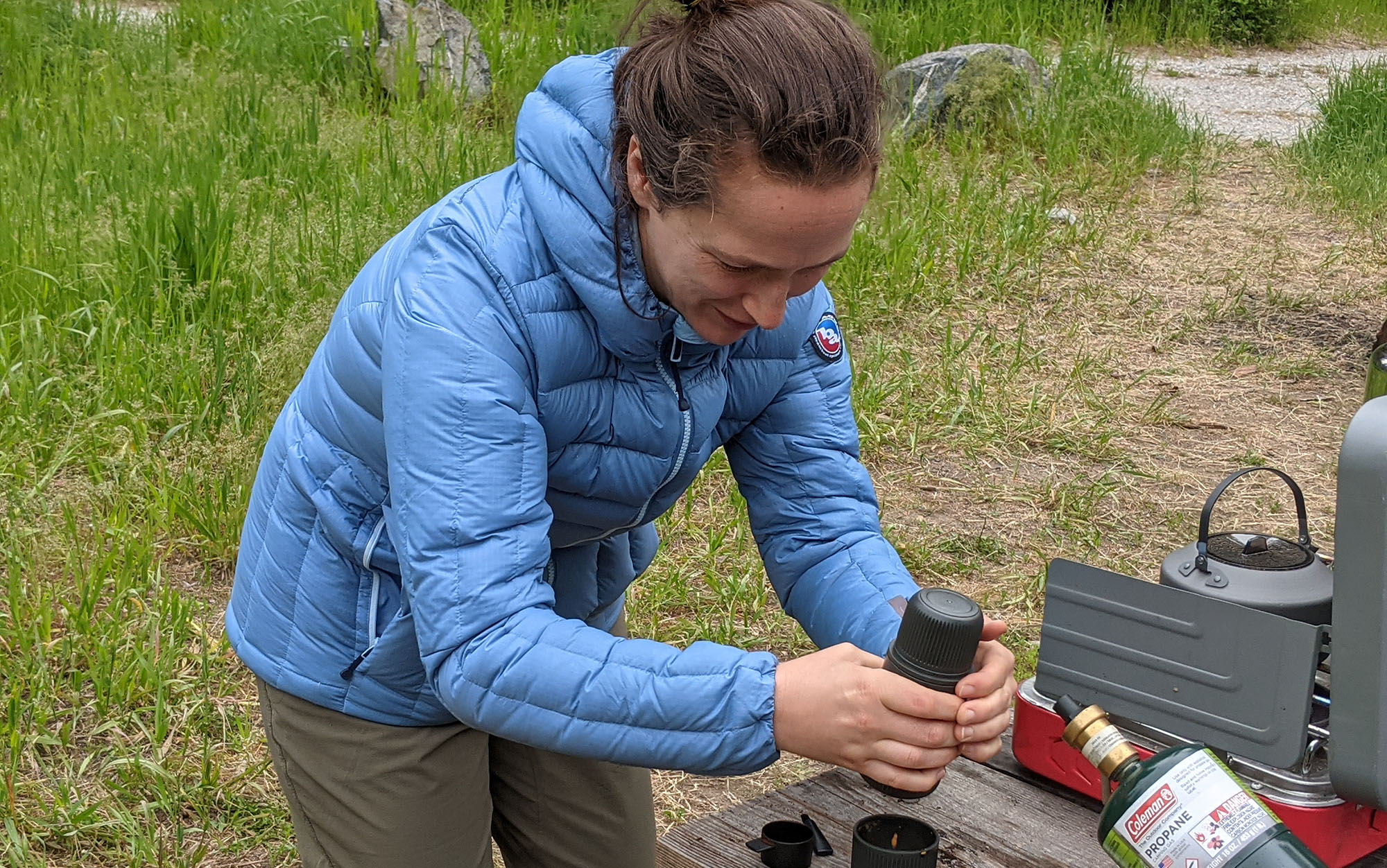 Making early-morning coffee in the Big Agnes Luna while out camping over Memorial Day weekend.