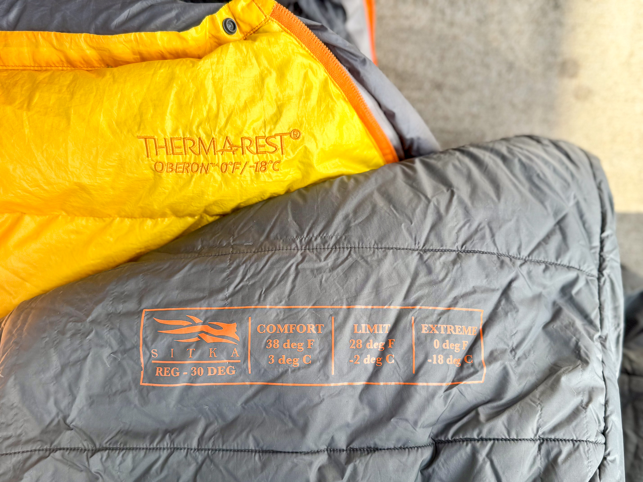 Temperature ratings on down sleeping bags.