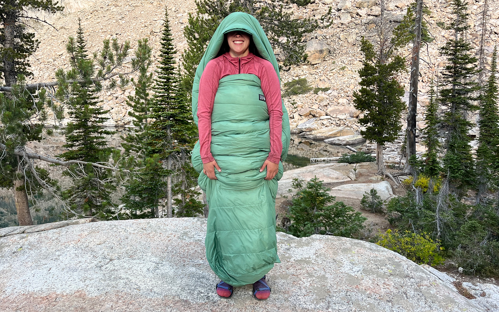 Author wears Yawn Patrol sleeping bag.