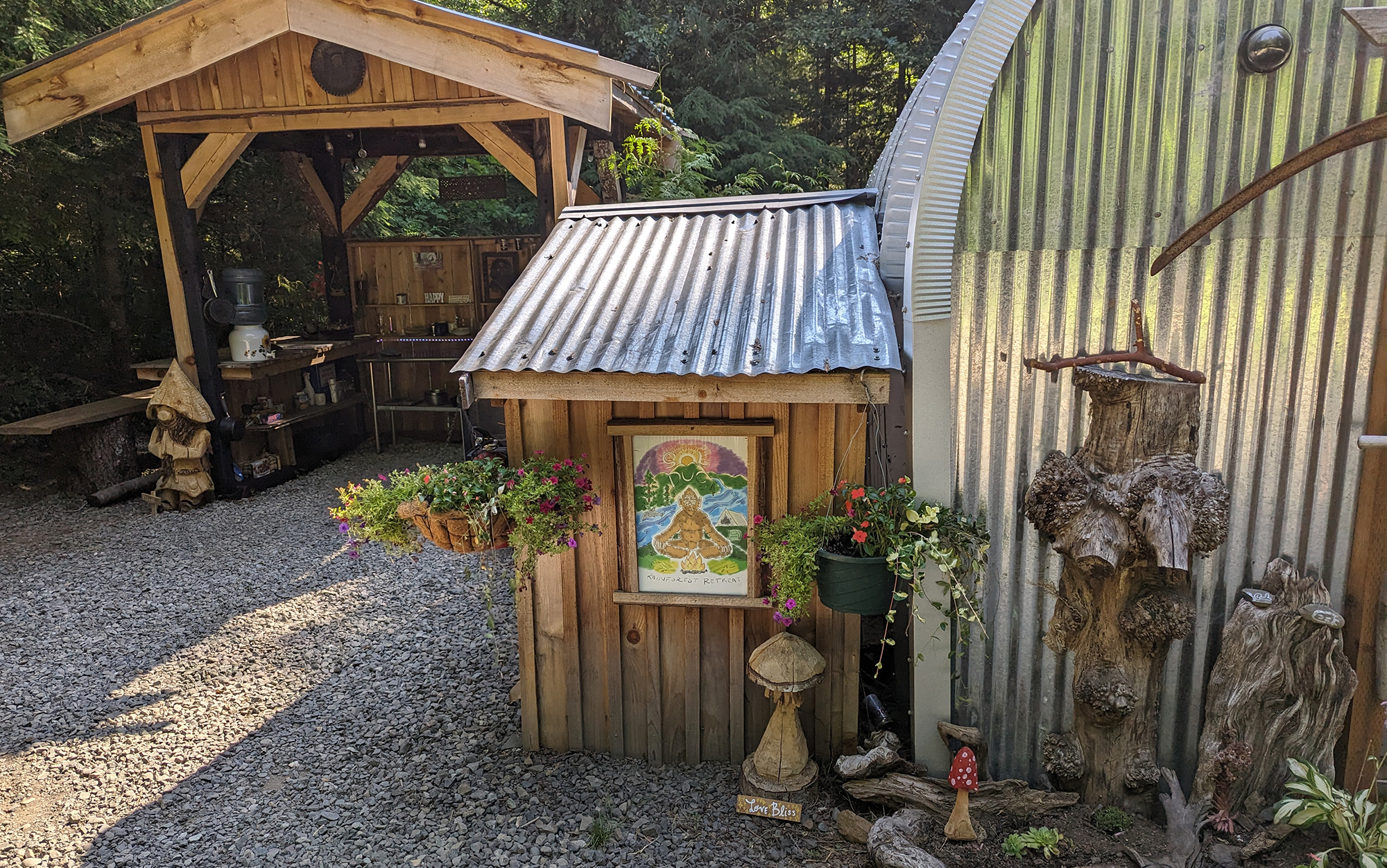 This Airbnb booked private campground features an outdoor kitchen.