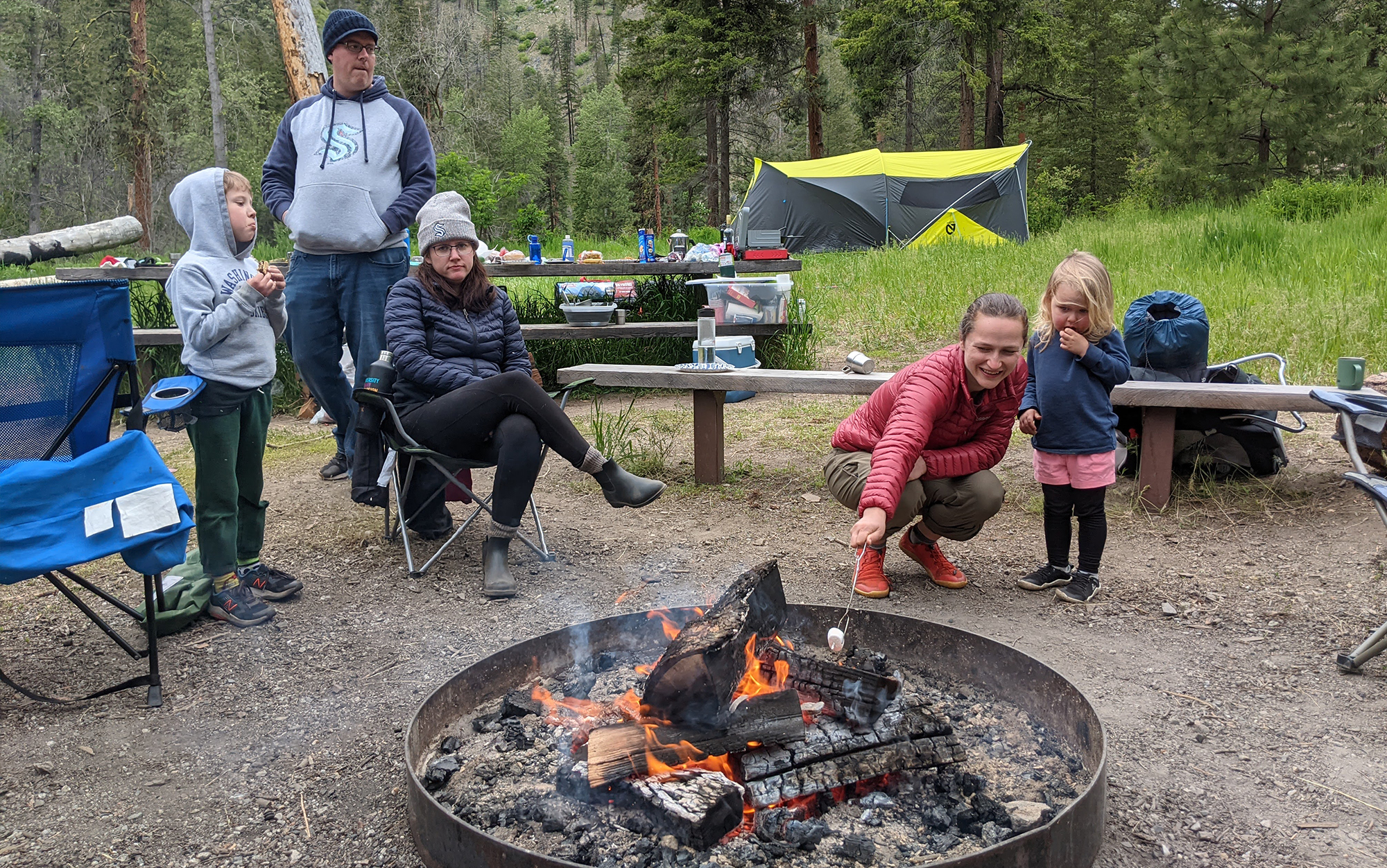 Author roasts marshmallows at campsite.