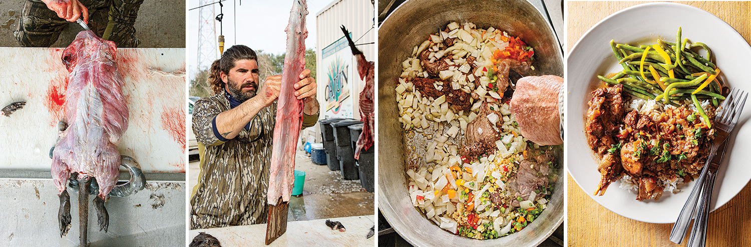 nutria being skinned, processed, cooked, and served