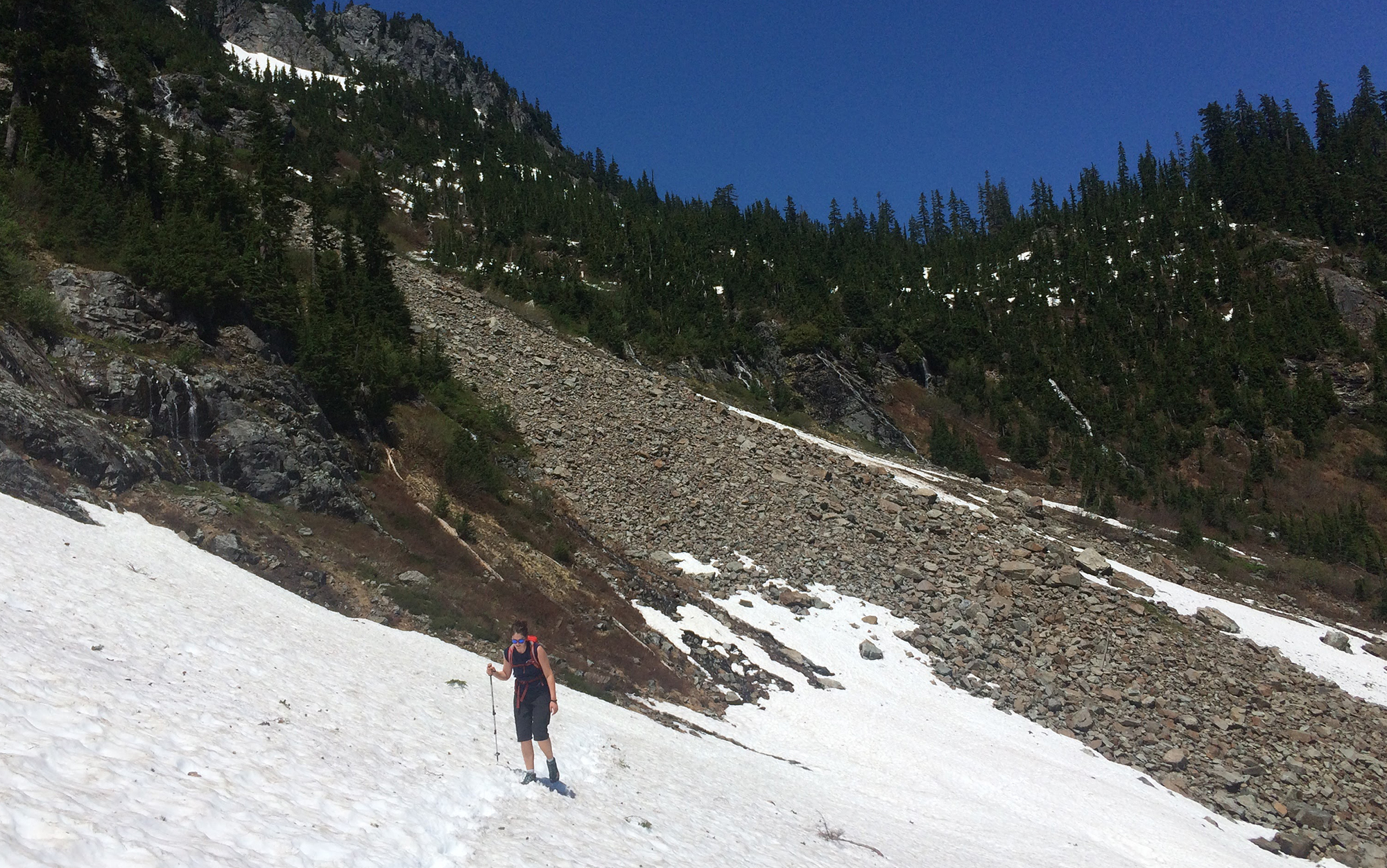 Hiker wears Kahtoola crampons.