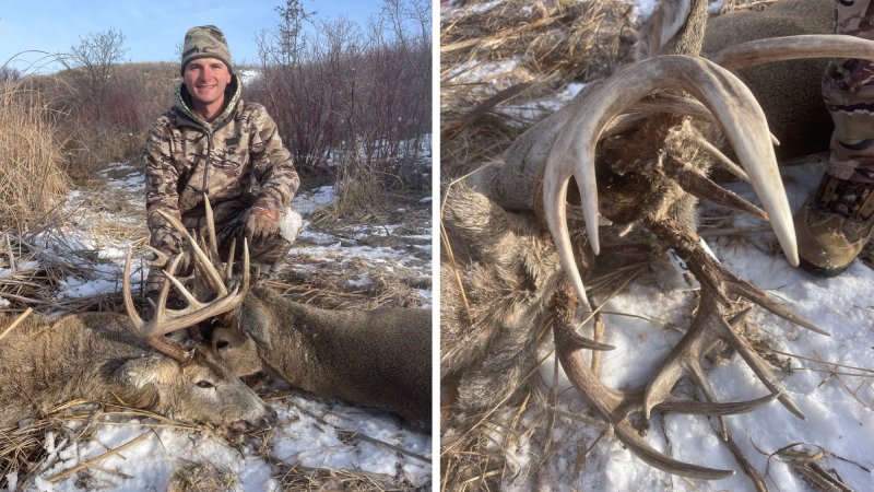 spencer olson with two whitetail deer locked up