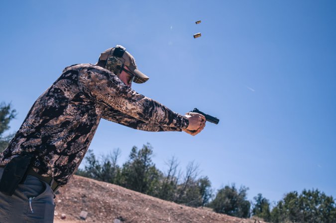 Freel shooting a 1911 pistol