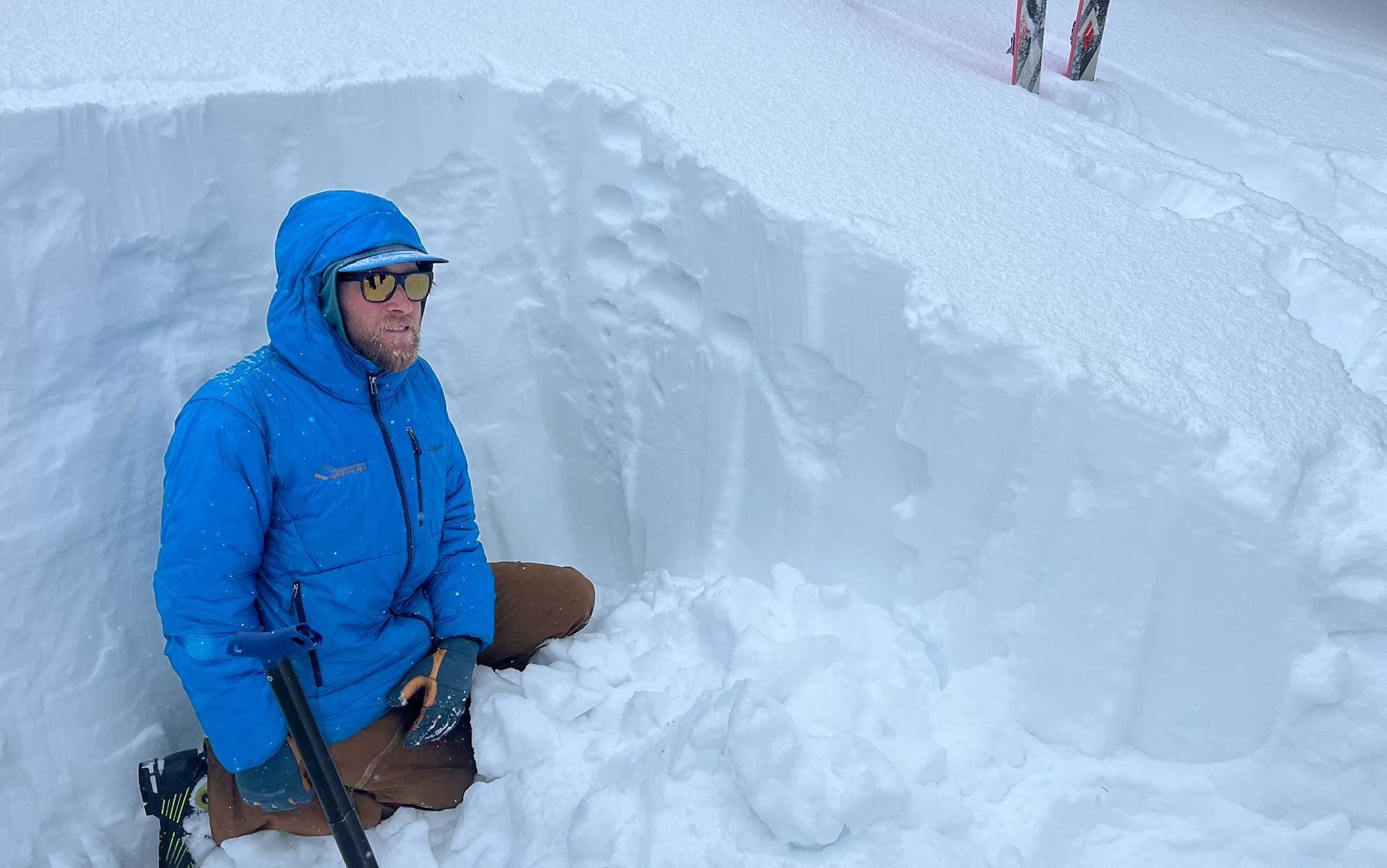 You can see the results of a hand hardness test inside this snowpit from our first field session. By pressing your fist, four fingers, one finger, and if necessary a pencil and knife, you can judge how firm each layer of snow is.